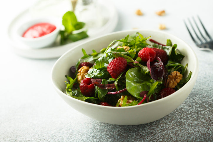 Spring Green Salad, with Candied Walnuts, Basil, Broccoli Sprouts, Raspberries and a Homemade Raspberry Dressing (gf, df, ef, sf, cf, p, v, lc)